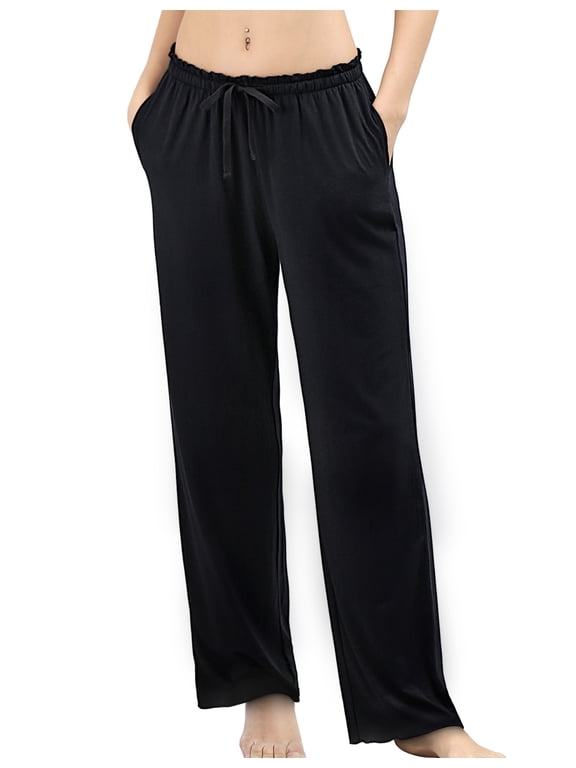 Wide Leg Pajama Pants for Women Bamboo High Waist Sweatpants Casual Lounge Yoga Pants Sleep Bottoms(Black,L)