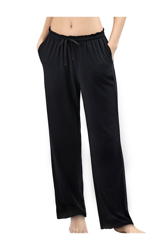 Wide Leg Pajama Pants for Women Bamboo High Waist Sweatpants Casual Lounge Yoga Pants Sleep Bottoms(Black,L)