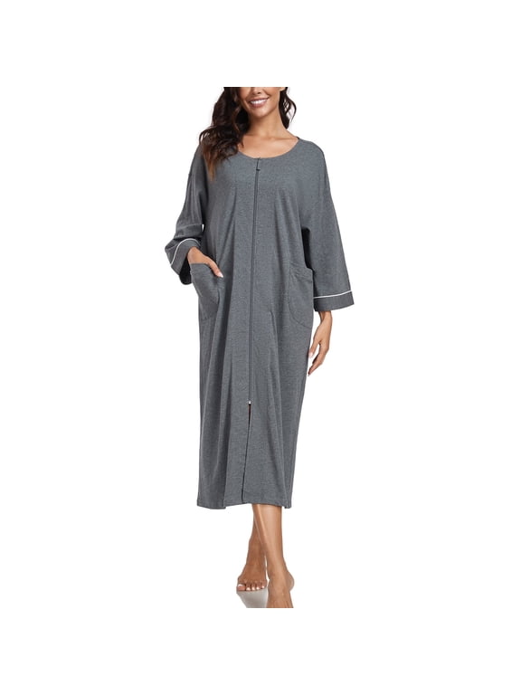 Women's 100% Cotton Robe Lightweight 3/4 Sleeve Zipper Robes Soft Knee Length Bathrobe Breathable Loungewear Housecoat(Dark Gray,L)