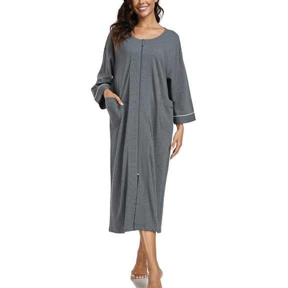 EA'S SECRET Women's 100% Cotton Robe Lightweight 3/4 Sleeve Zipper Robes Soft Knee Length Bathrobe Breathable Loungewear Housecoat(Dark Gray,M)