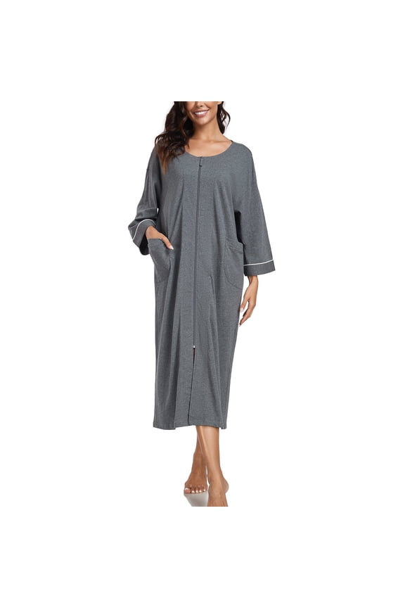 Women's 100% Cotton Robe Lightweight 3/4 Sleeve Zipper Robes Soft Knee Length Bathrobe Breathable Loungewear Housecoat(Dark Gray,XL)