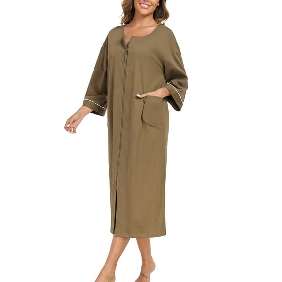 EA'S SECRET Women's 100% Cotton Robe Lightweight 3/4 Sleeve Zipper Robes Soft Knee Length Bathrobe Breathable Loungewear Housecoat(Olive Green,M)