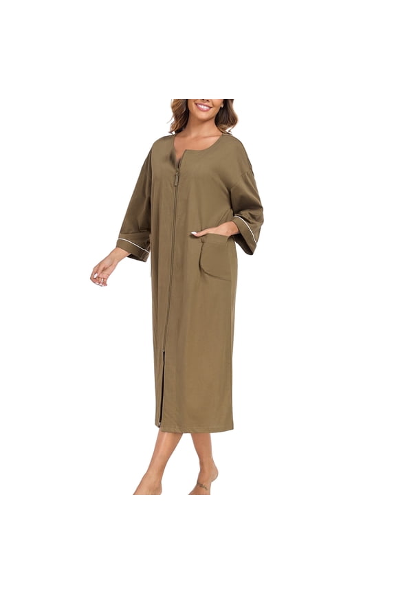 Women's 100% Cotton Robe Lightweight 3/4 Sleeve Zipper Robes Soft Knee Length Bathrobe Breathable Loungewear Housecoat(Olive Green,XL)