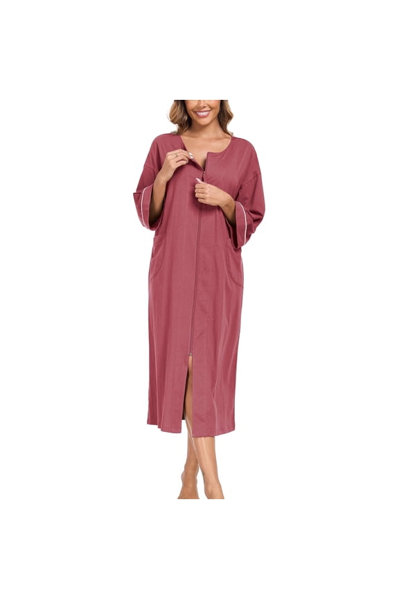Women's 100% Cotton Robe Lightweight 3/4 Sleeve Zipper Robes Soft Knee Length Bathrobe Breathable Loungewear Housecoat(Purplish Red,M)