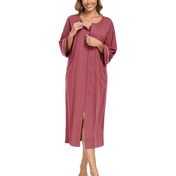 EA'S SECRET Women's 100% Cotton Robe Lightweight 3/4 Sleeve Zipper Robes Soft Knee Length Bathrobe Breathable Loungewear Housecoat(Purplish Red,XL）
