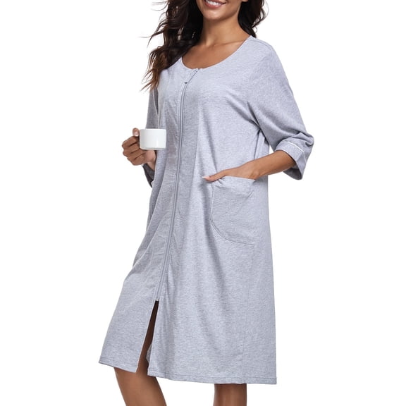 EA'S SECRET Women's Lightweight 100% Cotton Mid-Length Robe Zip Front Bathrobe 3/4 Sleeve Spa Kimono Robe Bridesmaid Bride Party Robes Sleepwear Bath Robes with Pockets(Gray,XL)