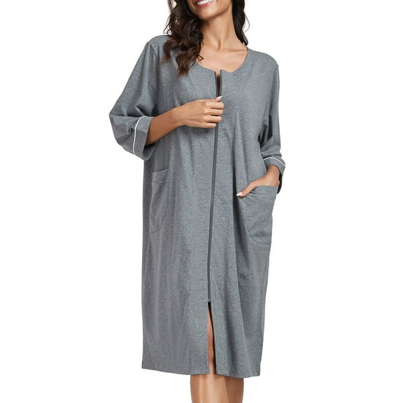 EA'S SECRET Women's Lightweight 100% Cotton Mid-Length Robe Zip Front Bathrobe 3/4 Sleeve Spa Kimono Robe Bridesmaid Bride Party Robes Sleepwear Bath Robes with Pockets(Dark Gray,M)