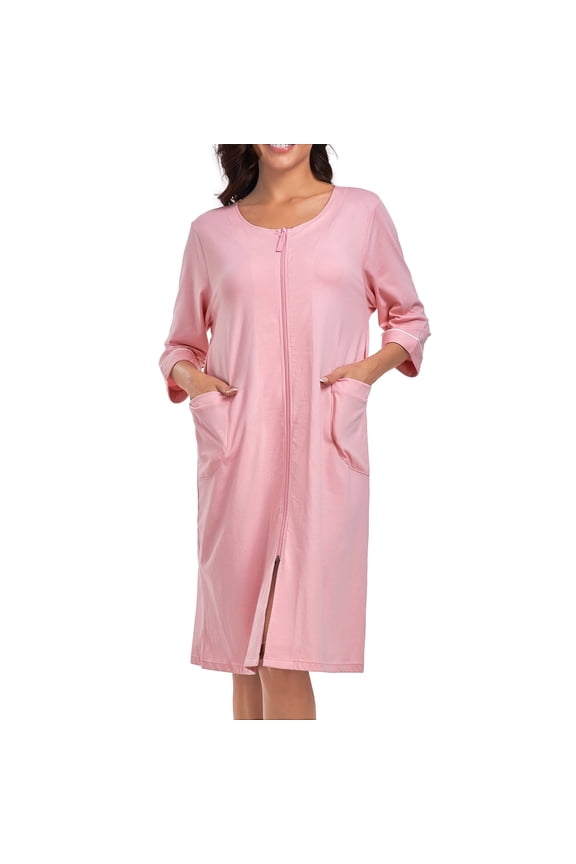 Women's Lightweight 100% Cotton Mid-Length Robe Zip Front Bathrobe 3/4 Sleeve Spa Kimono Robe Bridesmaid Bride Party Robes Sleepwear Bath Robes with Pockets(Pink,L)