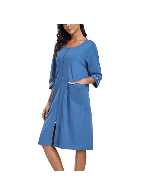 Women's Lightweight 100% Cotton Mid-Length Robe Zip Front Bathrobe 3/4 Sleeve Spa Kimono Robe Bridesmaid Bride Party Robes Sleepwear Bath Robes with Pockets(Blue,L)