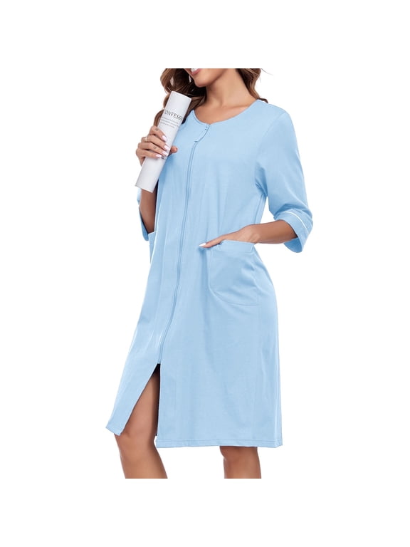 Women's Lightweight 100% Cotton Mid-Length Robe Zip Front Bathrobe 3/4 Sleeve Spa Kimono Robe Bridesmaid Bride Party Robes Sleepwear Bath Robes with Pockets(Light Blue,XL)