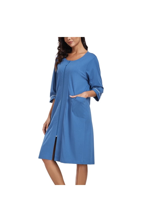 Women's Lightweight 100% Cotton Mid-Length Robe Zip Front Bathrobe 3/4 Sleeve Spa Kimono Robe Bridesmaid Bride Party Robes Sleepwear Bath Robes with Pockets(Blue,XL)
