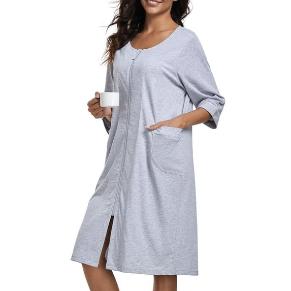 EA'S SECRET Women's Lightweight 100% Cotton Mid-Length Robe Zip Front Bathrobe 3/4 Sleeve Spa Kimono Robe Bridesmaid Bride Party Robes Sleepwear Bath Robes with Pockets(Gray,S)