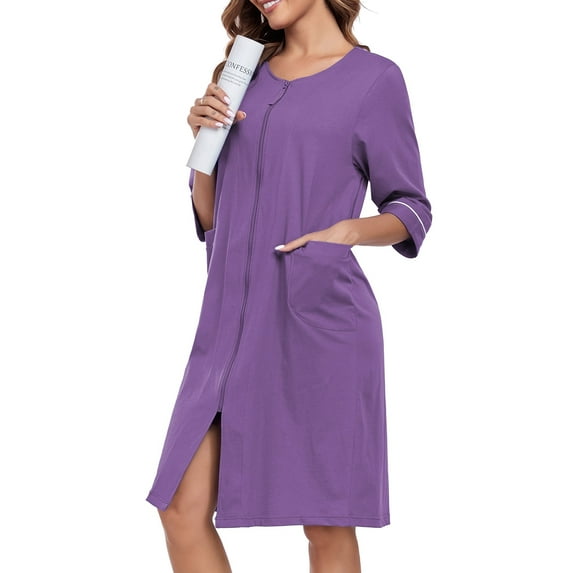EA'S SECRET Women's Lightweight 100% Cotton Mid-Length Robe Zip Front Bathrobe 3/4 Sleeve Spa Kimono Robe Bridesmaid Bride Party Robes Sleepwear Bath Robes with Pockets(Purple,L)