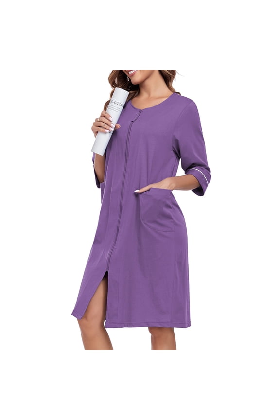 Women's Lightweight 100% Cotton Mid-Length Robe Zip Front Bathrobe 3/4 Sleeve Spa Kimono Robe Bridesmaid Bride Party Robes Sleepwear Bath Robes with Pockets(Purple,L)