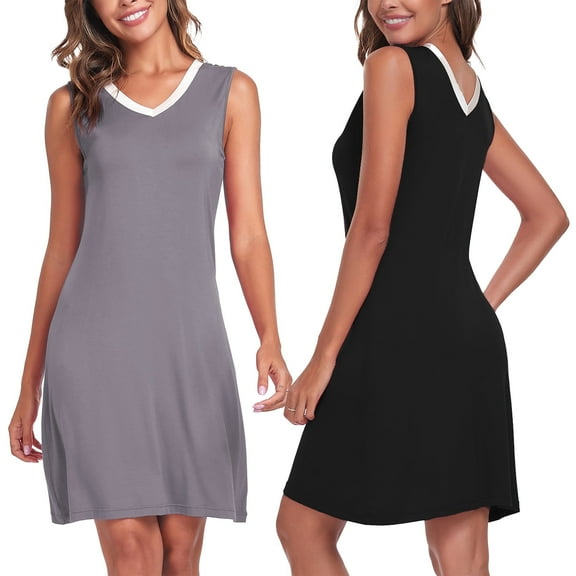 EA'S SECRET Women's Nightgown Bamboo Rayon Night Gowns for Women V Neck Nightwear Wide Strap Sleep Shirt Knee Length Nightshirt for Pajamas Party 2-Pack(Black/Grey,L)
