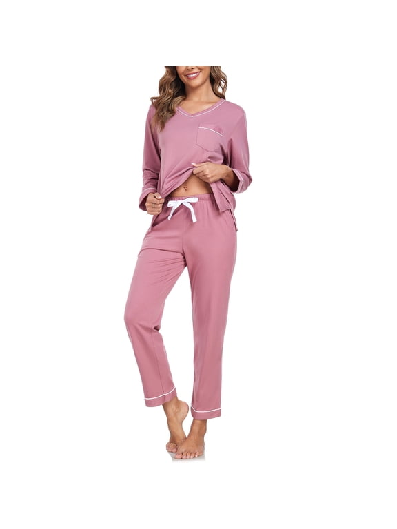 Women's Pajama Set 100% Cotton 2 Piece Lounge Pjs Soft Sleepwear Fall Long Sleeve Long Pant With Pockets(Dusty Rose,M)