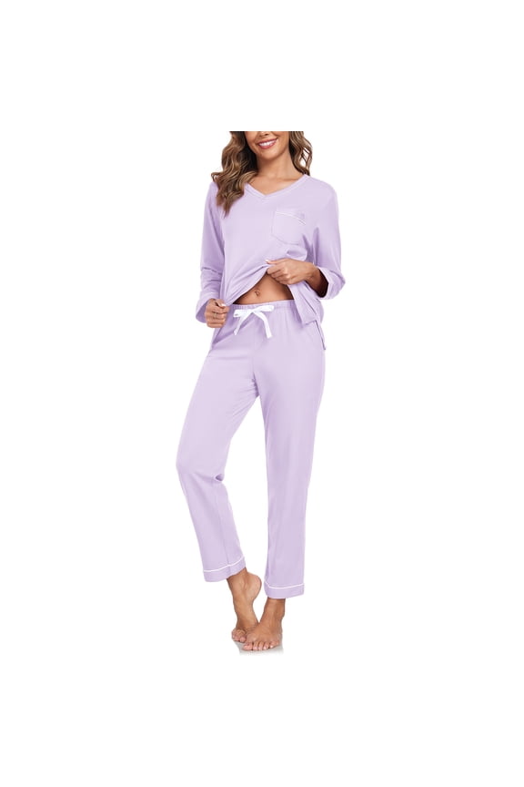 Women's Pajama Set 100% Cotton 2 Piece Lounge Pjs Soft Sleepwear Fall Long Sleeve Long Pant With Pockets(Light Purple,M)