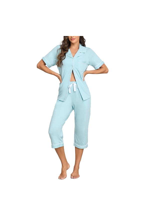 Women's Pajama Sets 100% Cotton Pajamas for Women Summer Button Up Sleepwear Short Sleeve Loungewear Capri Ladies Pyjamas(Sea Salt Blue,2XL)
