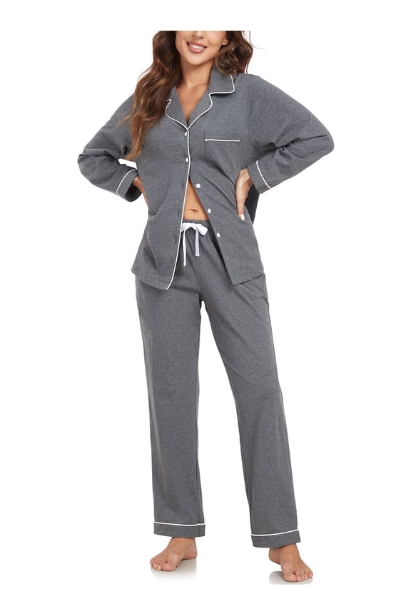 Womens 100% Cotton Pajama Sets Long Sleeve Sleepwear Soft Button Down Loungewear Nightwear Pjs Set with Pocket S-XXL(Deep Grey,L)