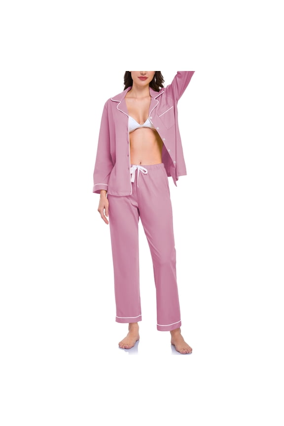 Womens 100% Cotton Pajama Sets Long Sleeve Sleepwear Soft Button Down Loungewear Nightwear Pjs Set with Pocket S-XXL(Dusty Rose,M)