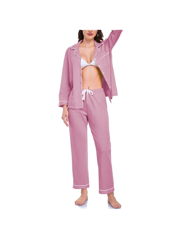 Womens 100% Cotton Pajama Sets Long Sleeve Sleepwear Soft Button Down Loungewear Nightwear Pjs Set with Pocket S-XXL(Dusty Rose,M)