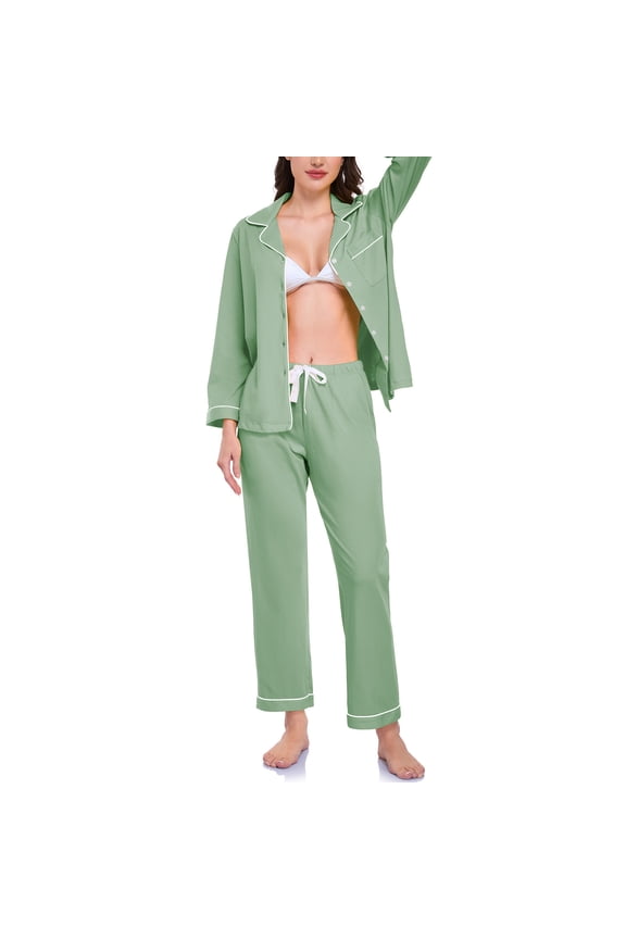 Womens 100% Cotton Pajama Sets Long Sleeve Sleepwear Soft Button Down Loungewear Nightwear Pjs Set with Pocket S-XXL(Sage Green,M)