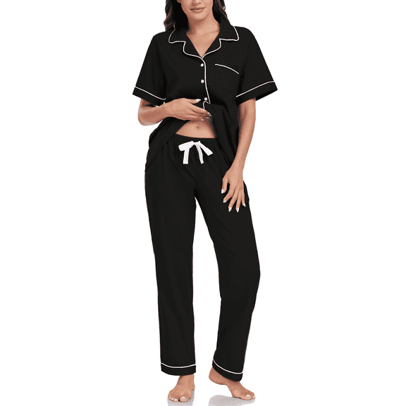 EA'S SECRET Womens 100% Cotton Pajamas Set Short Sleeve & Long Pants Pjs Set Button Down Sleepwear with Pockets(Black,L)