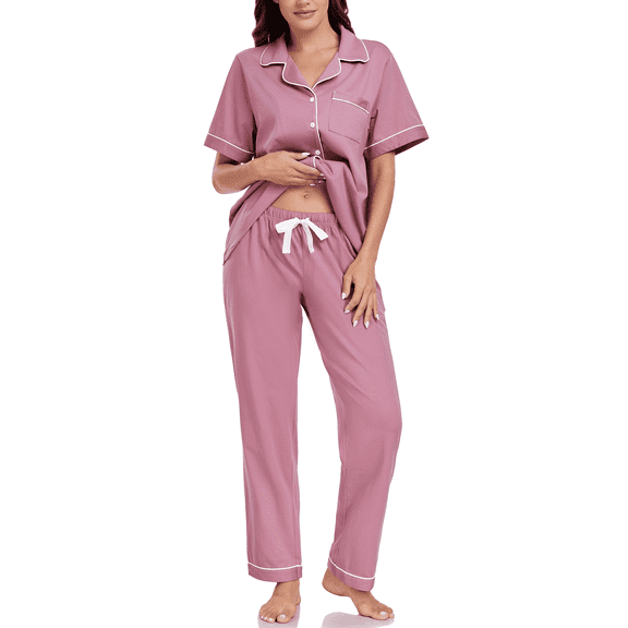 EA'S SECRET Womens 100% Cotton Pajamas Set Short Sleeve & Long Pants Pjs Set Button Down Sleepwear with Pockets(Dusty Rose,S)