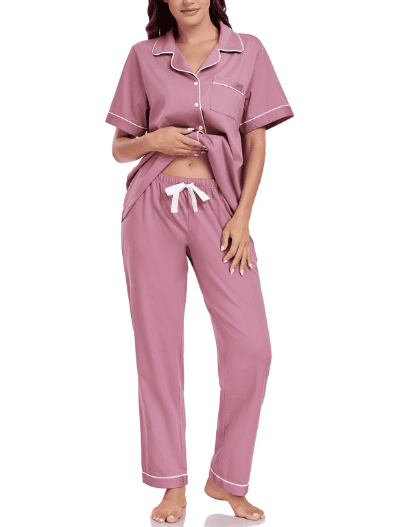 Womens 100% Cotton Pajamas Set Short Sleeve Button Down Pjs Set with Pocket(Dusty Rose,S)