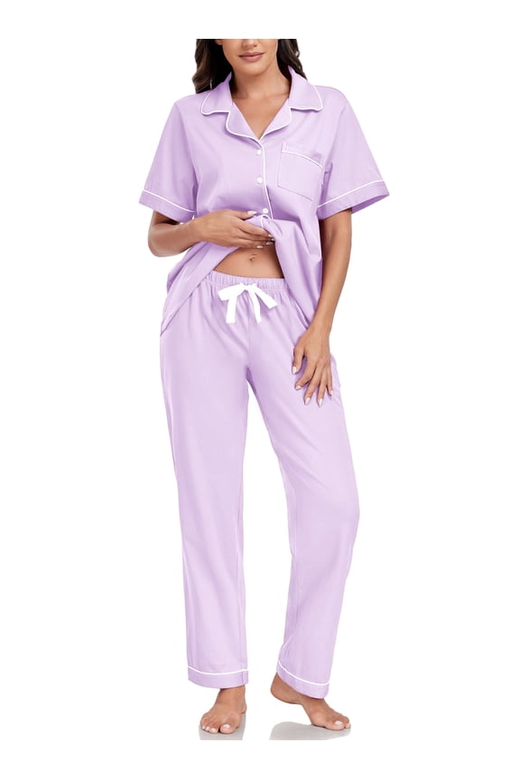 Womens 100% Cotton Pajamas Set Short Sleeve & Long Pants Pjs Set Button Down Sleepwear with Pockets(Light Purple,L)