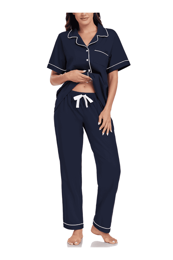 Womens 100% Cotton Pajamas Set Short Sleeve & Long Pants Pjs Set Button Down Sleepwear with Pockets(Navy Blue,XL)