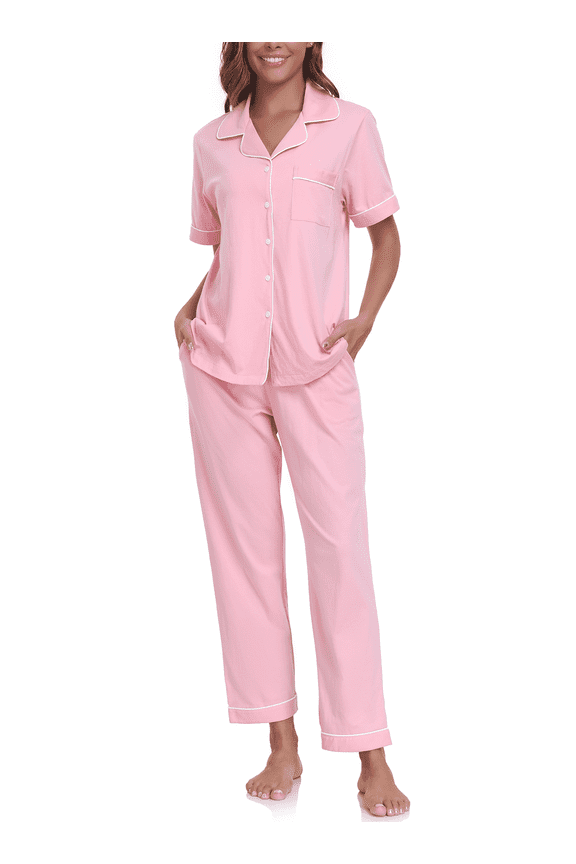 Womens 100% Cotton Pajamas Set Short Sleeve & Long Pants Pjs Set Button Down Sleepwear with Pockets(Pink,S)