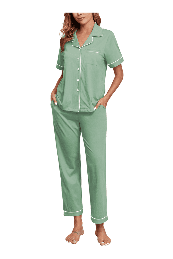 Womens 100% Cotton Pajamas Set Short Sleeve & Long Pants Pjs Set Button Down Sleepwear with Pockets(Sage Green,L)