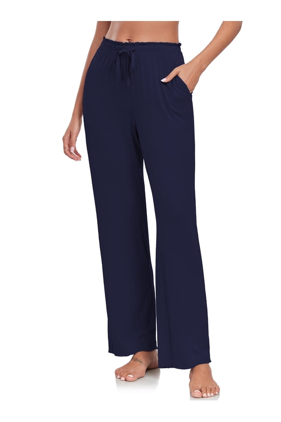 Womens Bamboo Pajamas Pants Lightweight Ruffled Waist Sweatpants Wide Leg Pajama Lounge Pants with Pockets (Navy Blue,M)
