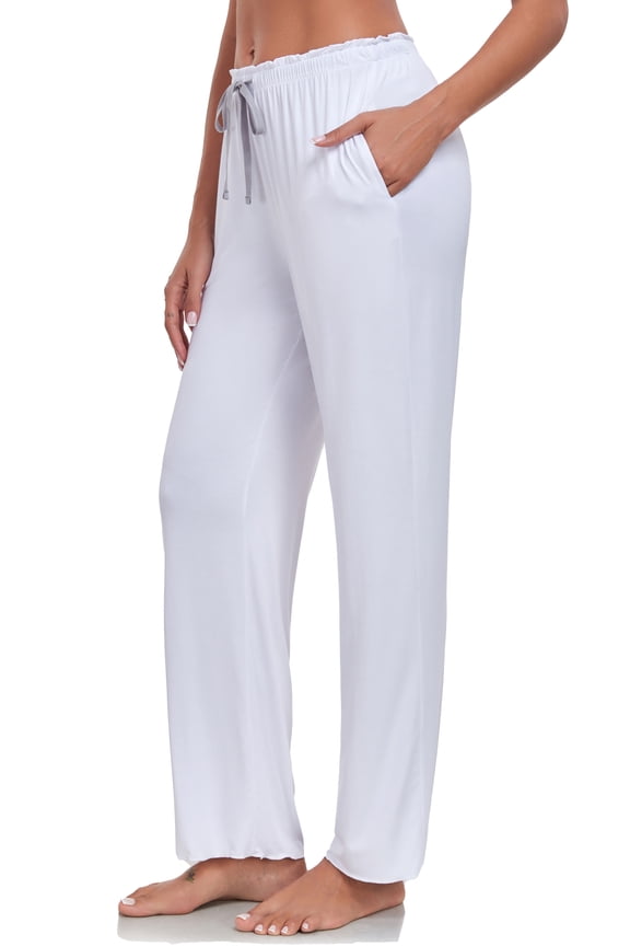 Womens Bamboo Pajamas Pants Lightweight Ruffled Waist Sweatpants Wide Leg Pajama Lounge Pants with Pockets (White,L)