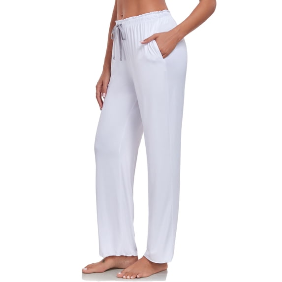 EA'S SECRET Womens Bamboo Pajamas Pants Lightweight Ruffled Waist Sweatpants Wide Leg Pajama Lounge Pants with Pockets (White,L)