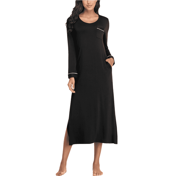 EA'S SECRET Womens Long Nightgowns Lightweight V Neck Nightshirt Soft Long Sleeve House Dress with Pockets(Black,L)