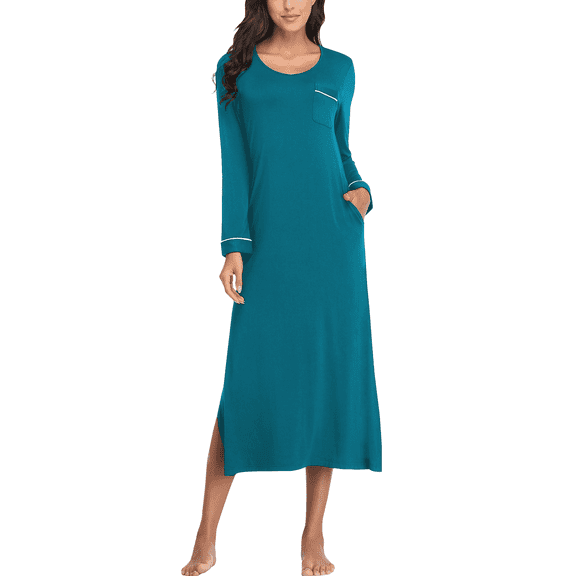 EA'S SECRET Womens Long Nightgowns Lightweight V Neck Nightshirt Soft Long Sleeve House Dress with Pockets(Lake Blue,2XL)