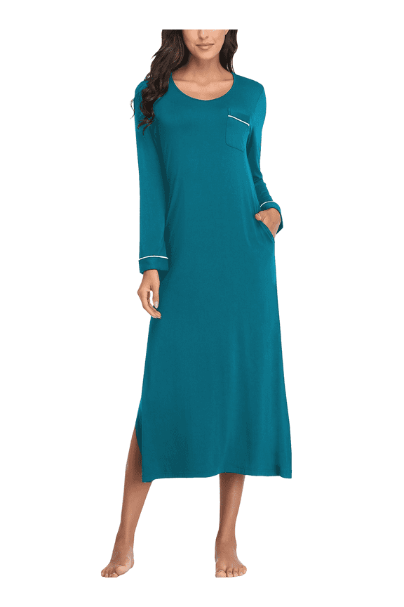 Womens Long Nightgowns Lightweight V Neck Nightshirt Soft Long Sleeve House Dress with Pockets(Lake Blue,2XL)