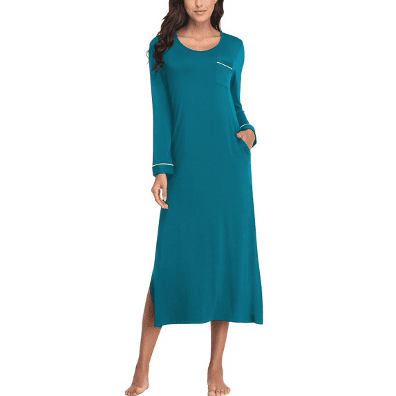 EA'S SECRET Womens Long Nightgowns Lightweight V Neck Nightshirt Soft Long Sleeve House Dress with Pockets(Lake Blue,S)