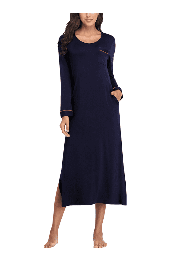 Womens Long Nightgowns Lightweight V Neck Nightshirt Soft Long Sleeve House Dress with Pockets(Navy Blue,XL)