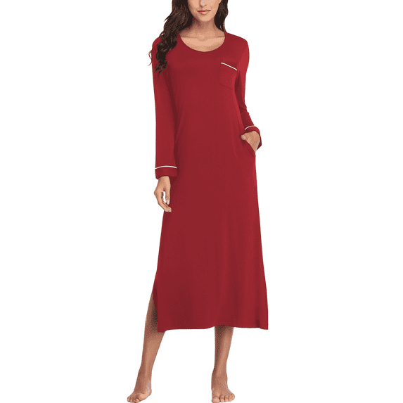 EA'S SECRET Womens Long Nightgowns Lightweight V Neck Nightshirt Soft Long Sleeve House Dress with Pockets(Wine Red,2XL)