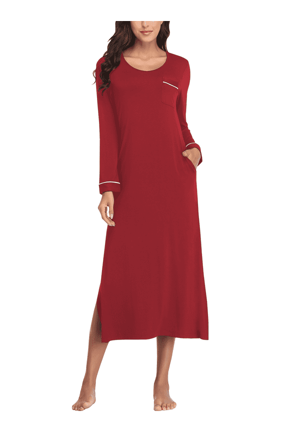 Womens Long Nightgowns Lightweight V Neck Nightshirt Soft Long Sleeve House Dress with Pockets(Wine Red,XL)