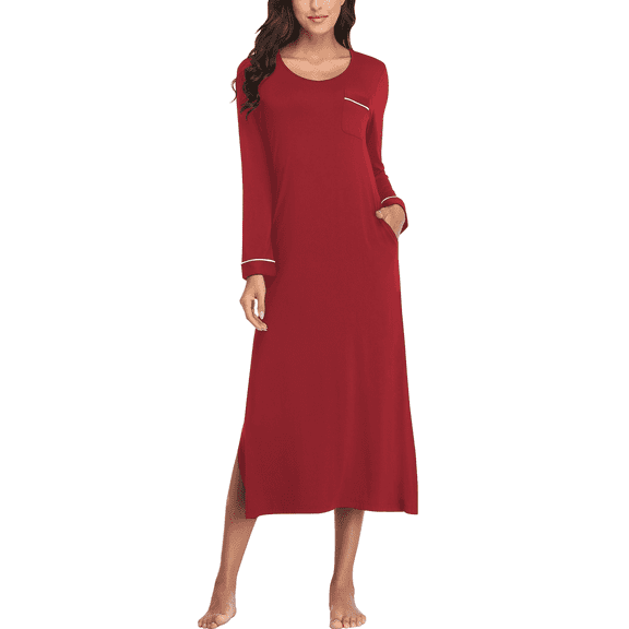 EA'S SECRET Womens Nightgown Full Length Casual Loungewear Long Sleeve V Neck Nightshirt with Pockets(Wine Red,S)