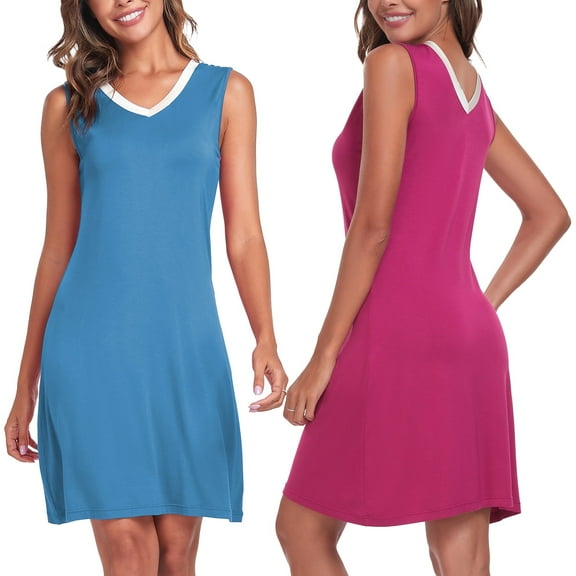 EA'S SECRET Womens Nightgown Sleeveless Sleepwear V Neck Sleep Dress Side Slit Sleep Shirt Bamboo Rayon House Dress Viscose Nightshirt Sleepshirt 2-Pack(Rose Pink/Blue,L)