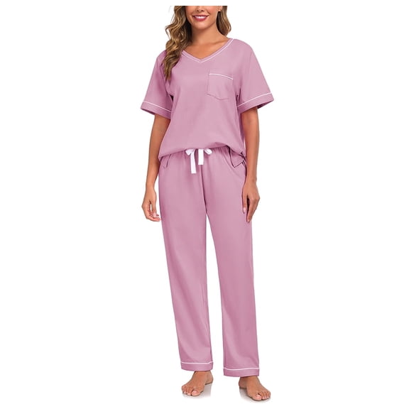 EA'S SECRET Womens Pajama Sets 100% Cotton Short Sleeve Top with Long Pants Sleepwear 2 Piece V Neck Loungewear Soft Knit (Dusty Rose,S)