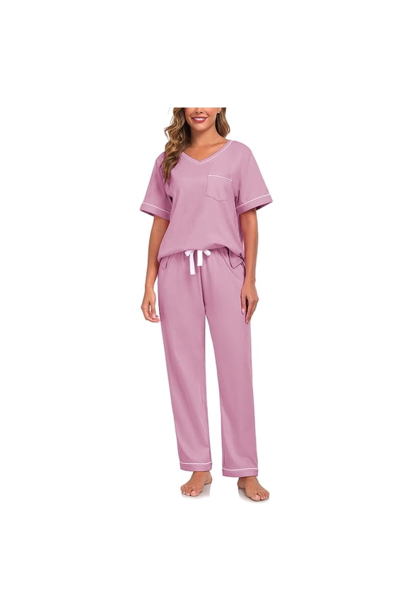 Womens Pajama Sets 100% Cotton Short Sleeve Top with Long Pants Sleepwear 3 Piece V Neck Loungewear Soft Knit (Dusty Rose,M）