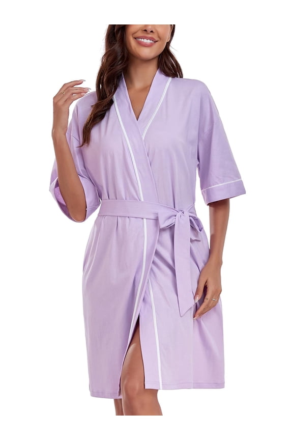 Womens Robe 100% Cotton Lightweight Robes Summer Kimono Knit Soft Sleepwear Short Bathrobe With Pockets(Purple,L)