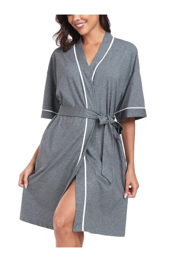 Womens Short Robes 100% Cotton Lightweight Kimono Robe Soft Summer Bathrobe Ladies Loungewear with Pockets(Dark Grey,S)