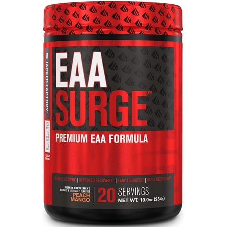 Jacked Factory EAA Surge Essential Amino Acids Powder - EAAS & BCAA Intra Workout Supplement w /L-Citrulline, Taurine, & More for Muscle Building, Strength, Endurance, Recovery - Peach Mango, 20sv